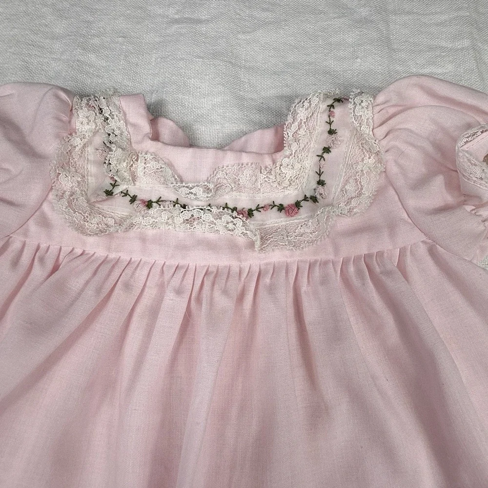 Primitive Dress Girls 0-3M Pink Gingham Peter Pan Collar Embroidered Mushroom